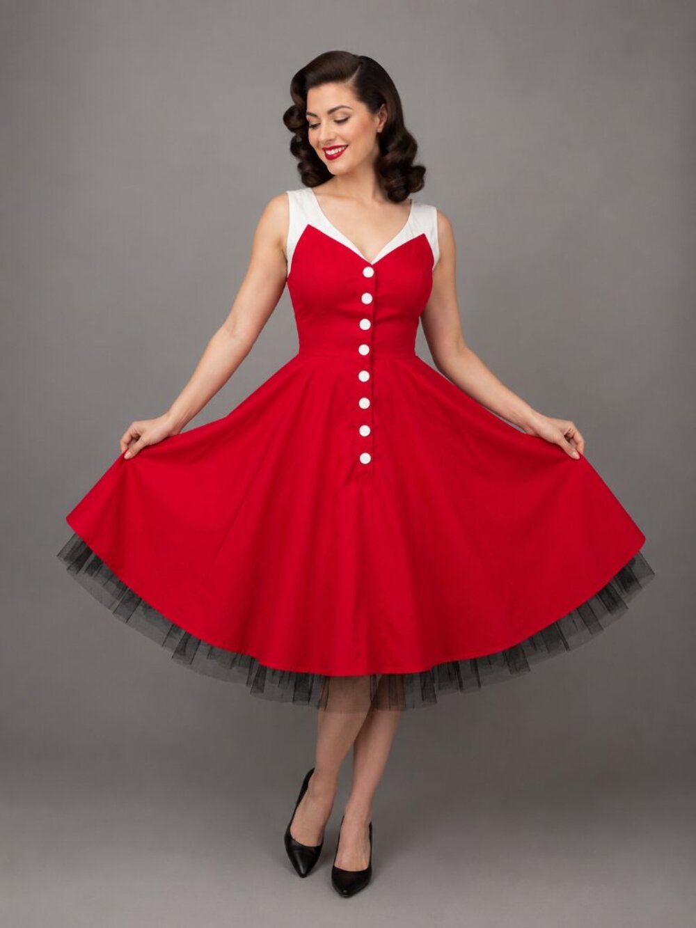 H&R London Red & White 50s Swing Dress Size 16 Rockabilly Retro Fit & Flare